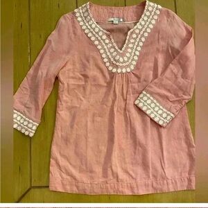 Boden Women’s Boho Style Tunic Pink White Embroidered Accents Top 4 NWOT